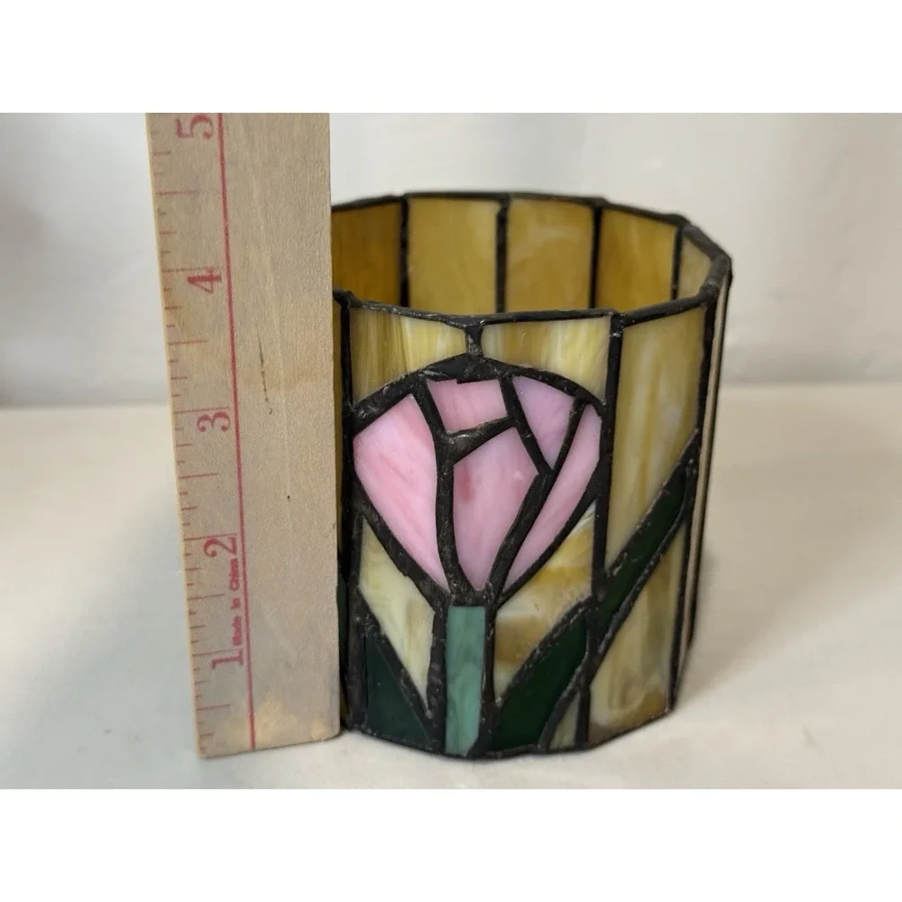 Vintage Stained Glass Tulip Candle Holder Votive Vase Art Nouveau Slag Glass